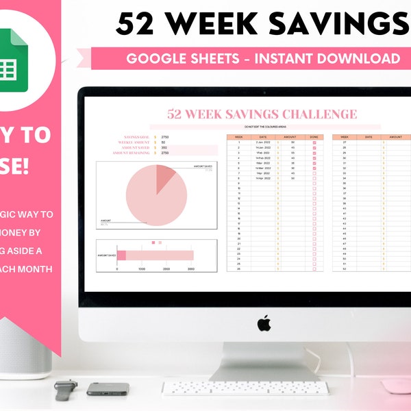 52 Weeks Savings Tracker, Google Sheets, Annual Finance Tracker, Weekly Progress, Monthly Budget Template