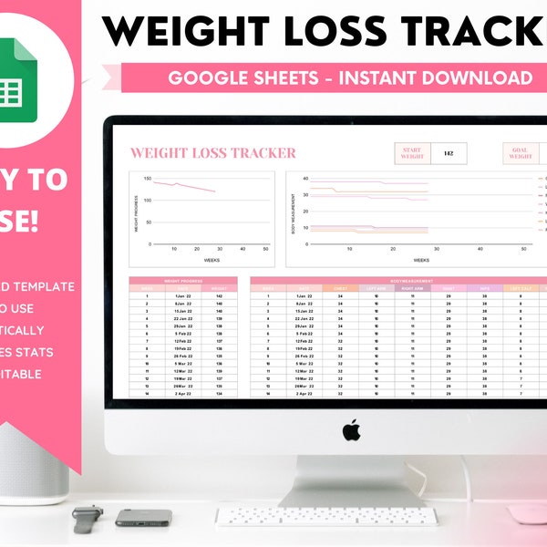 Spreadsheet voor gewichtsverliestracker, Google Spreadsheets, dagelijks, wekelijks, maandelijks, jaarlijks, doelenlogboek, jaarlijkse planner