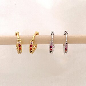 rainbow cubic zirconia huggie hoop earrings, 18k gold plated, platinum plated, rainbow stones, dainty gold or silver, leverback