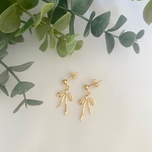 gold plated ball stud bow charm earrings, gold dainty jewelry
