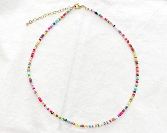 dainty rainbow seed bead choker necklace, tiny beads, layering boho jewelry, small beads, gold plated silver clasp adjustable, trendy beachy