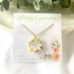 Betty’s garden circle charm necklace, bees, flowers, leaves, dainty chain, springtime fall nature