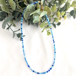 May include: A delicate beaded necklace in shades of blue, with a gold-coloured clasp. The necklace is composed of small, colourful beads, creating a subtle, elegant design. The necklace is displayed against a backdrop of green foliage and a white surface.