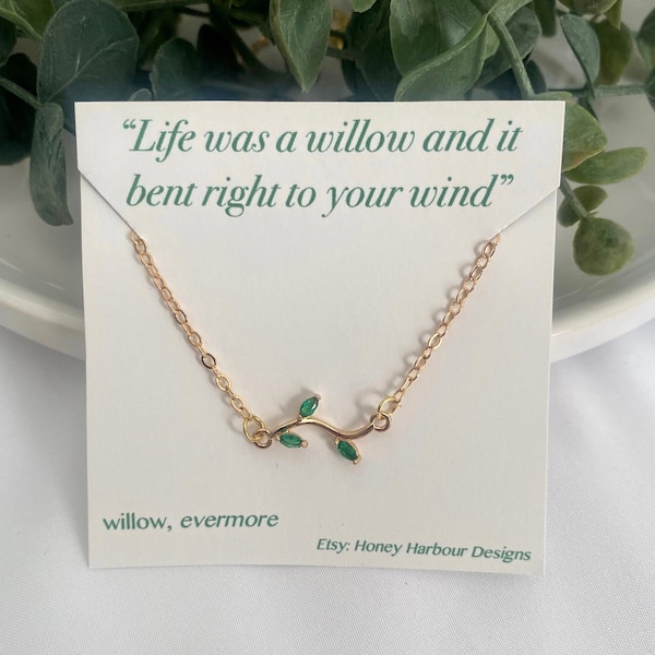 green leaf & gold tree branch chain necklace, cubic zirconia, willow tree branch connector, link, 18k gold plated chain