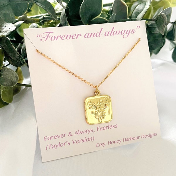 forever & always rose flower charm necklace, rectangular pendant, gold plated