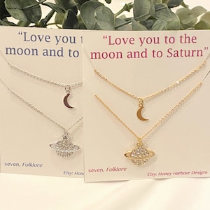 rhinestone planet & moon charm necklace set