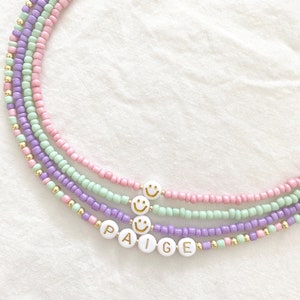 pastel seed bead personalized choker necklaces, mint green, purple, pink, gold smiley face, accent beads, name initials custom