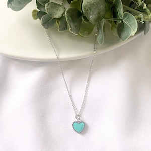 teal blue heart charm silver chain necklace, dainty platinum plated necklace