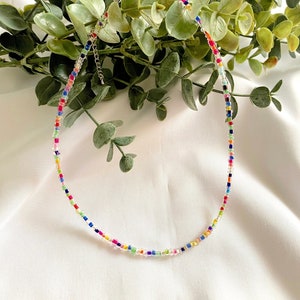 May include: A vibrant beaded necklace with a silver clasp. The necklace is made of small, square beads in rainbow colours: red, orange, yellow, green, blue, and purple. The necklace is displayed on a white surface with green foliage.