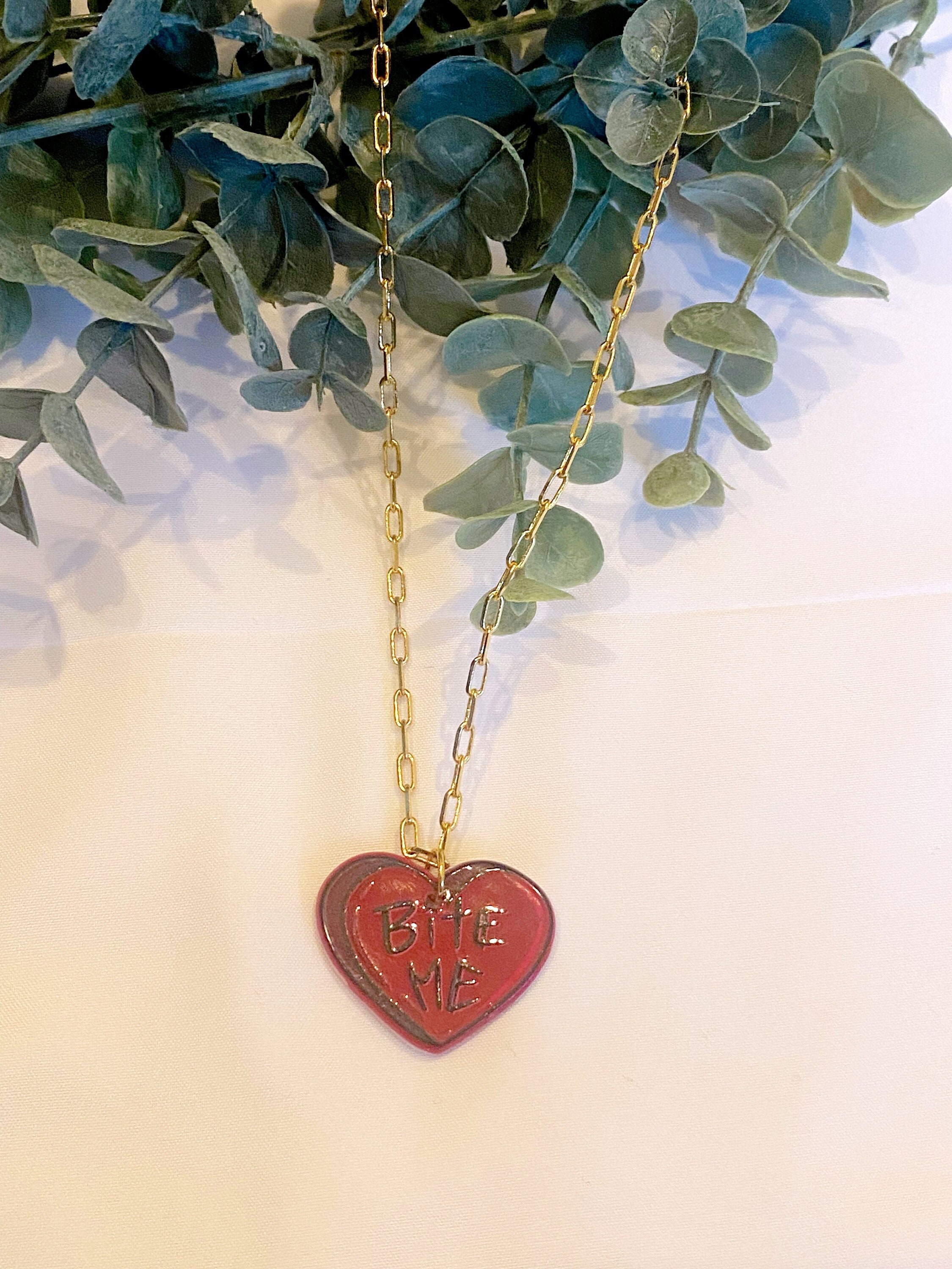 Large Acrylic Heart Pendant Necklace bite Me Gold Plated 