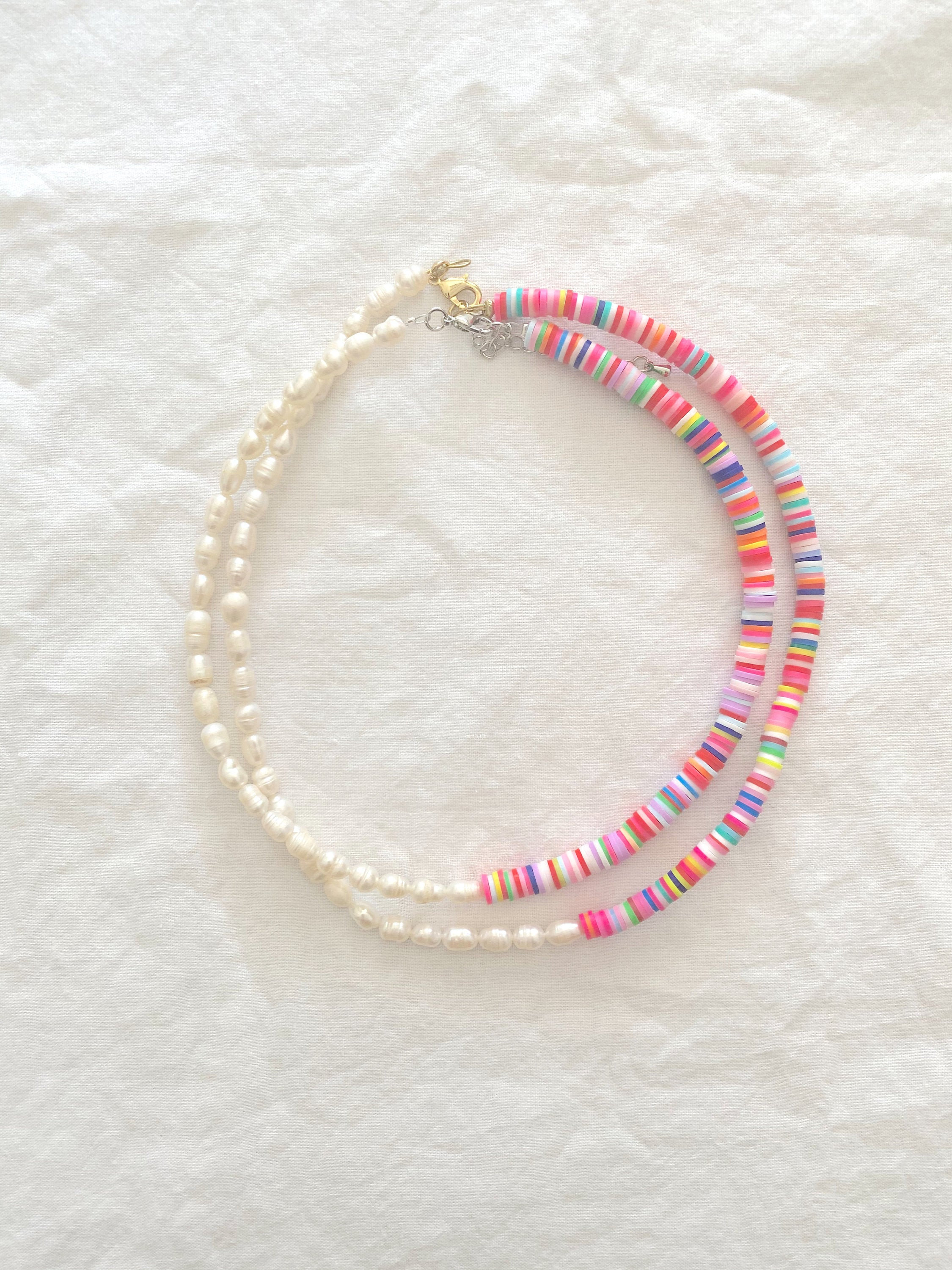 freshwater pearl & heishi bead choker necklace, 24k gold plated clasp…