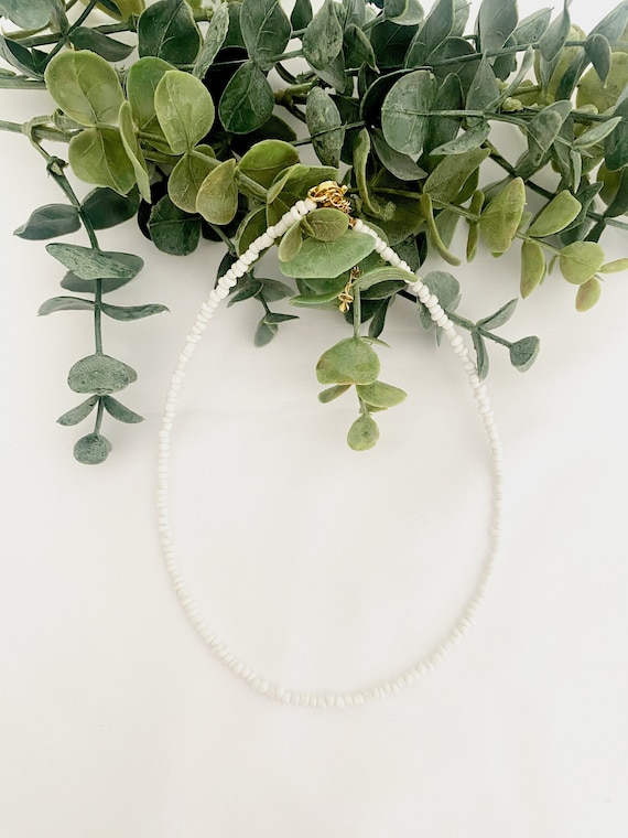 white seed bead choker necklace, 24K gold plated, platinum plated, extension, trendy dainty summer beach spring all white simple