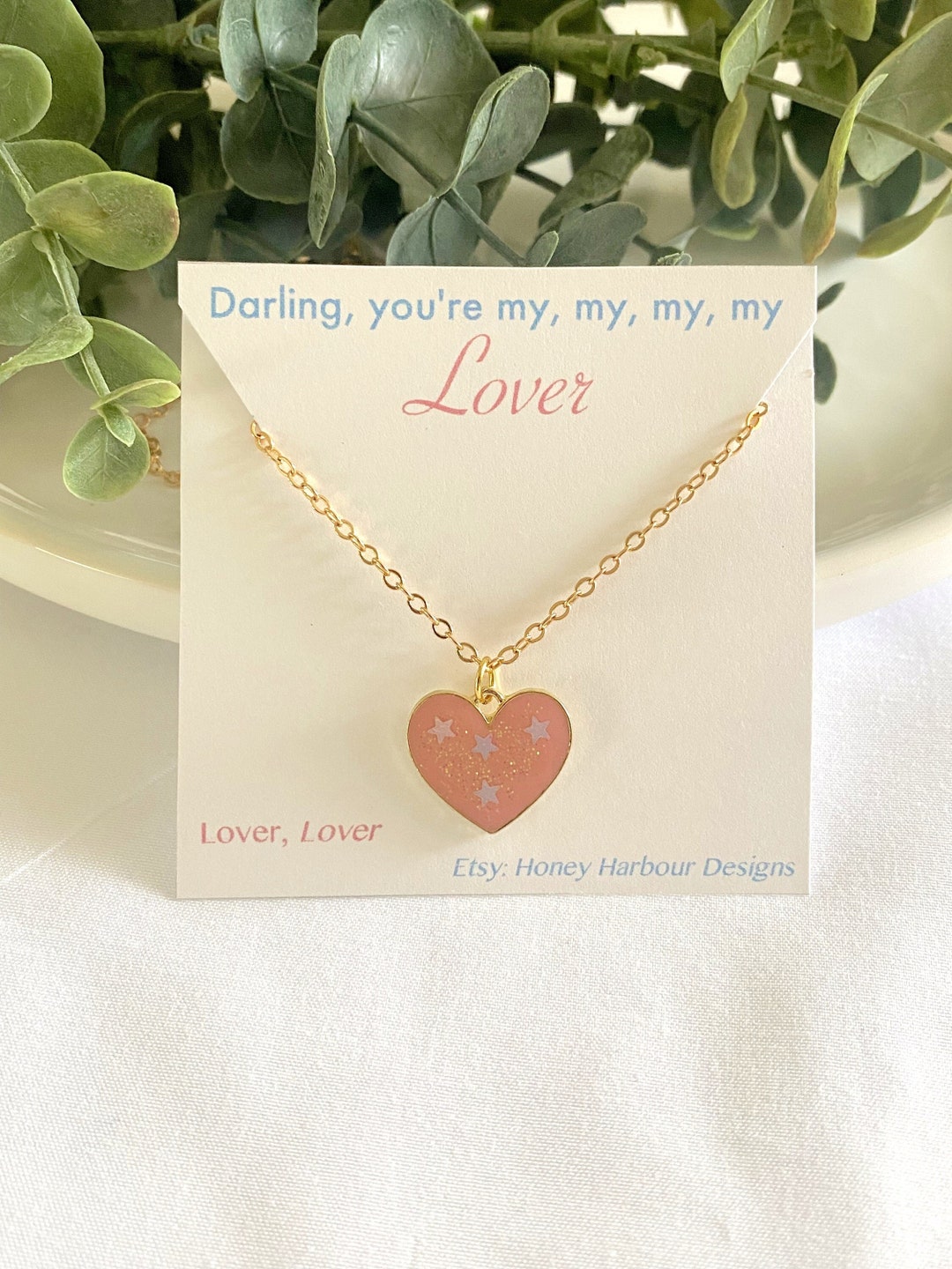 Light Pink Heart With Stars Pendant Chain Necklace Shimmery Etsy