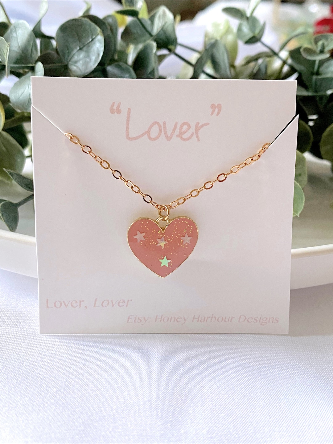 Light Pink Heart With Stars Pendant Chain Necklace Shimmery Etsy
