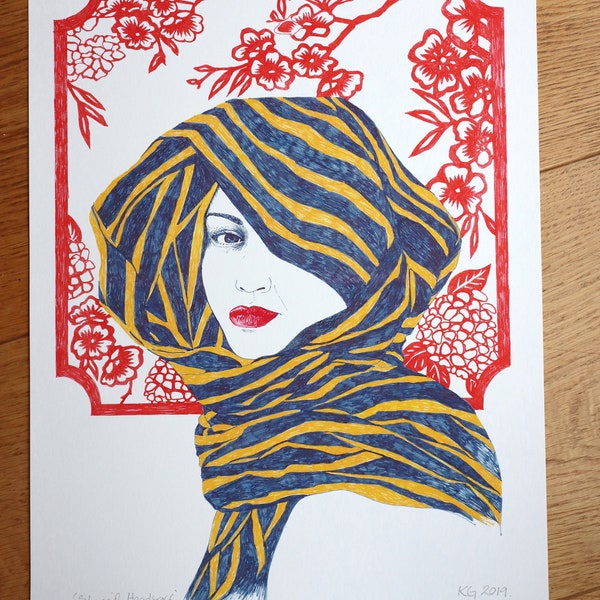 Art Print of a head study with Stripey scarf