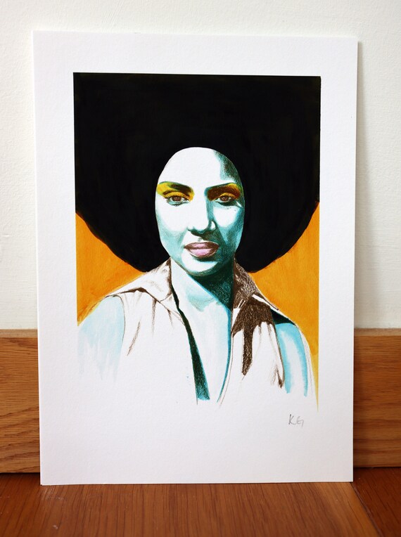 Yellow and blue ink, watercolor and pen print of an original art work of a lady with black afro.