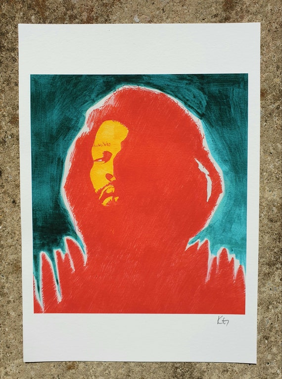 Print of a hand drawn portrait of music producer and DJ Flying Lotus using red micron pen and yellow and blue colored ink.