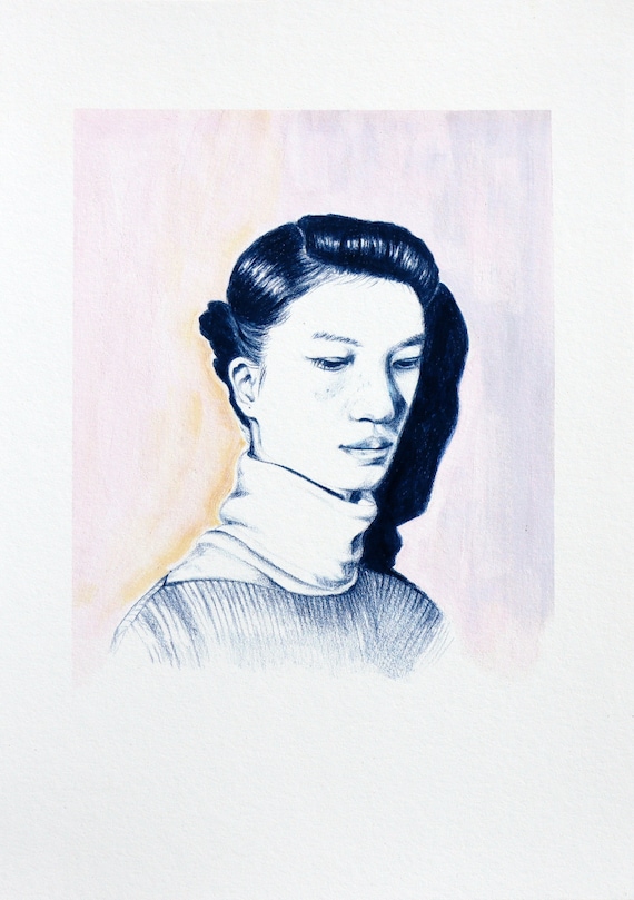 Head study art print from an original hand drawn and painted image using colored pencils and gouache.