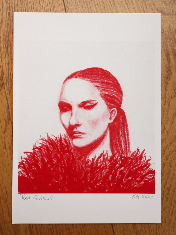 Art print of hand drawn with colored pencil of lady and feathers