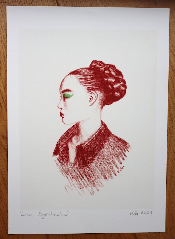 Art print of a head study with Lime Eyeshadow. A print of a profile, drawn using coloured pencils.