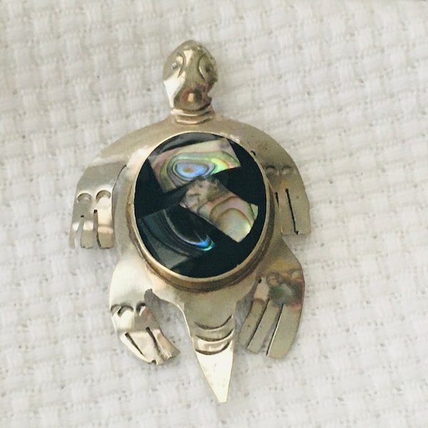 Vintage Sea Turtle Brooch/Pin of Alpaca Mexican Silver Inlaid with Black Onyx and Abalone Shell