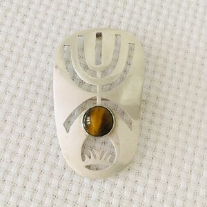 Vintage 60s-70s Sterling Silver Tiger Eye Brooch, Retro Judaica Jewelry From Israel, Modernist Menorah Pin, Flames of the Eternal Light