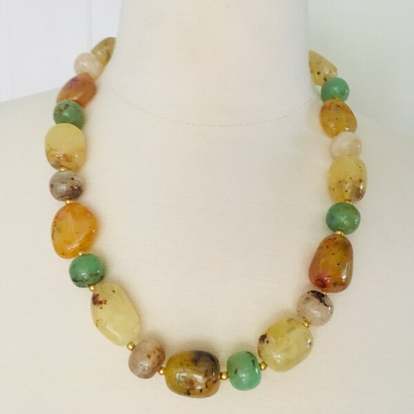 Collier Long Vintage Années 80 – Pierres Naturelles Multicolores – Métal Cuivre – Style Bohème