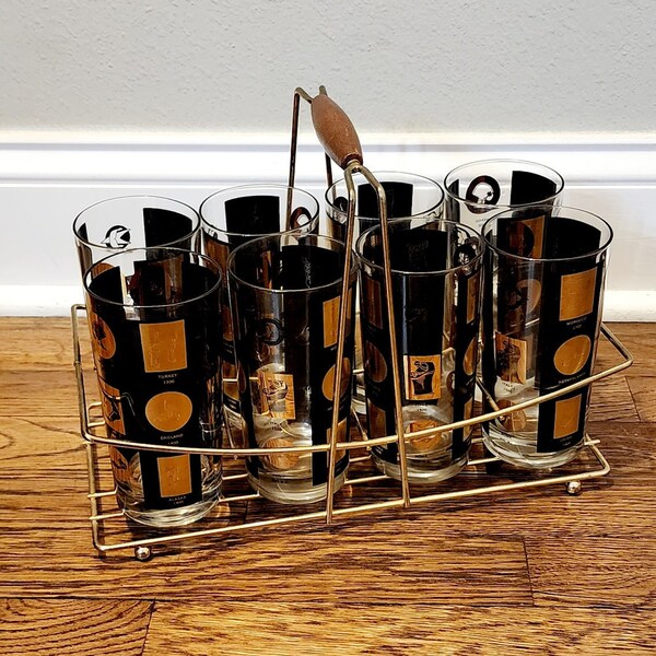 Unique Black and Gold Set of 8 Highball Glasses in Caddy
