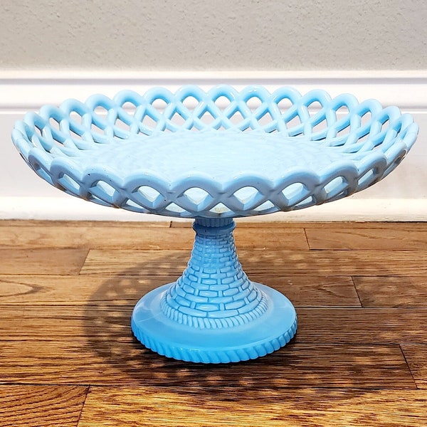 Antique 1800's Challinor Taylor Basketweave Blue Glass Pedestal Compote Fruit Bowl Cake Stand