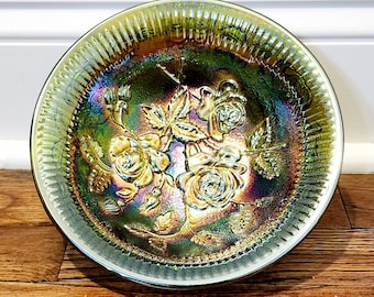 Imperial Helios Green Carnival Glass Open Rose 3 Toed 8 Inch Bowl