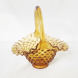 Vintage Fenton Amber Hobnail Glass Basket – Ruffled Edge, Mid-Century Decor