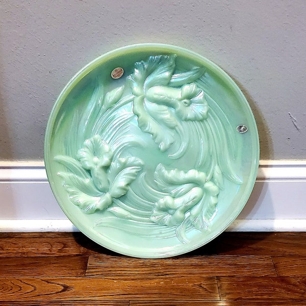 Large Rare Fenton Lifestyles Iridescent Sea Green Satin Glass 14 Inch Orchid Platter