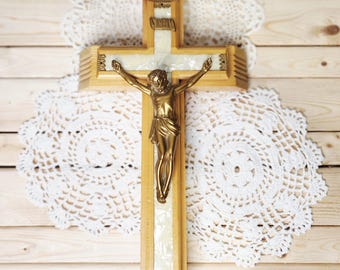 Vintage Sick Call Last Rites Mother of Pearl Accented Cross Storage with Contents (Imperfect)