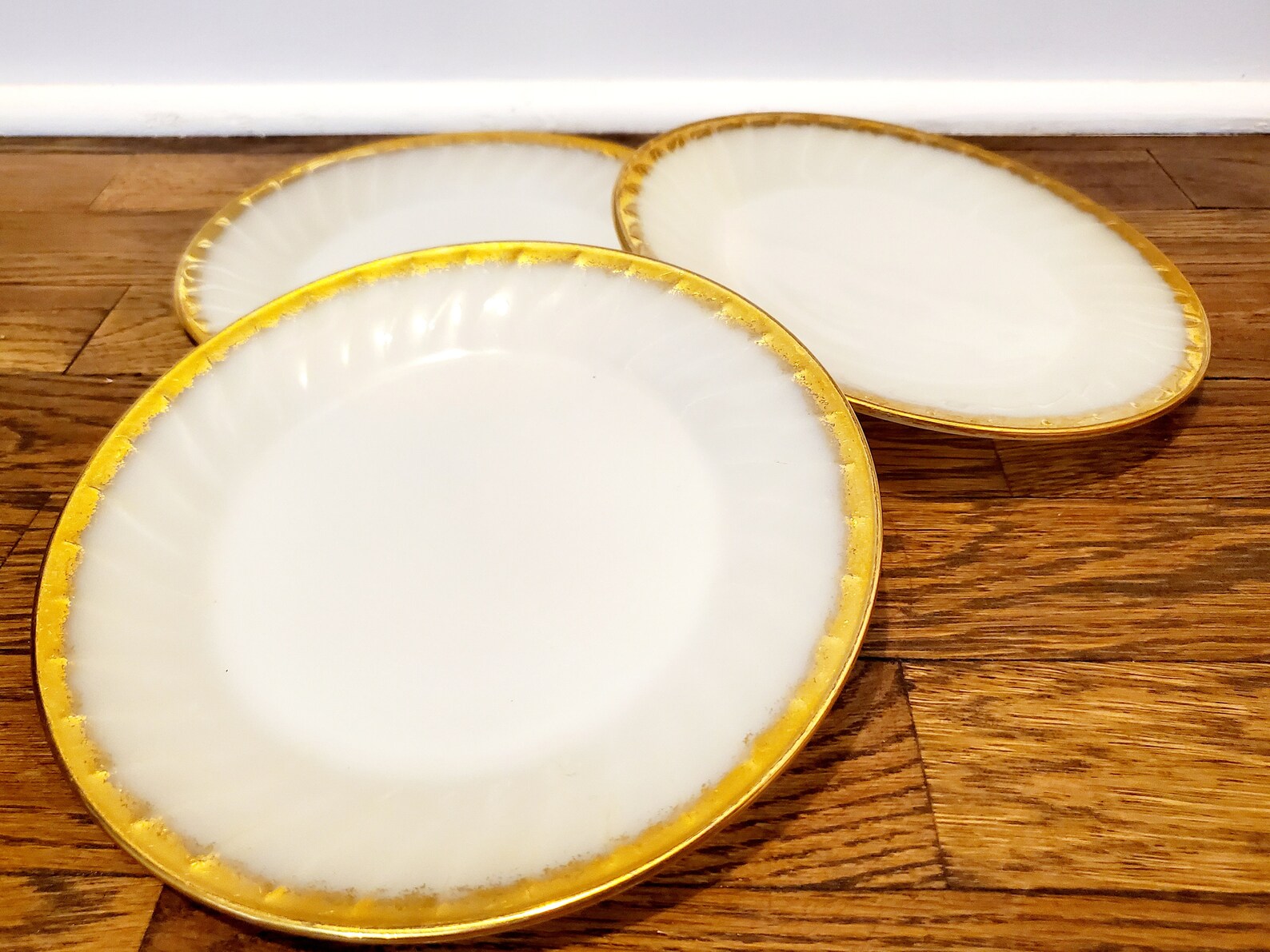 Set of 3 Fire King Milk Glass Gold Rimmed Salad Plates Etsy
