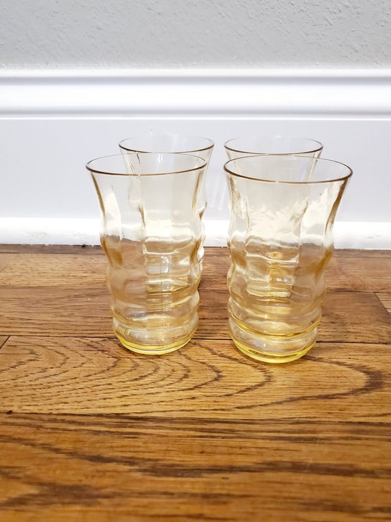 Set of 4 Small Yellow Depression Wavy Glass Juice Cups see