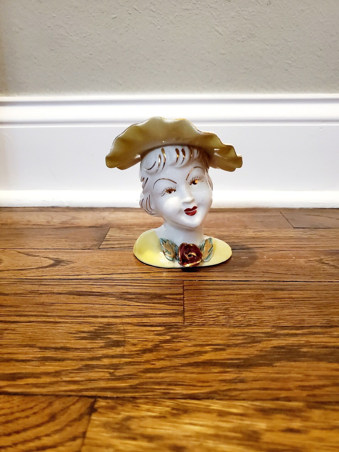 Lady Head Wall Pocket Yellow Woman Gold Accent Planter Home Etsy