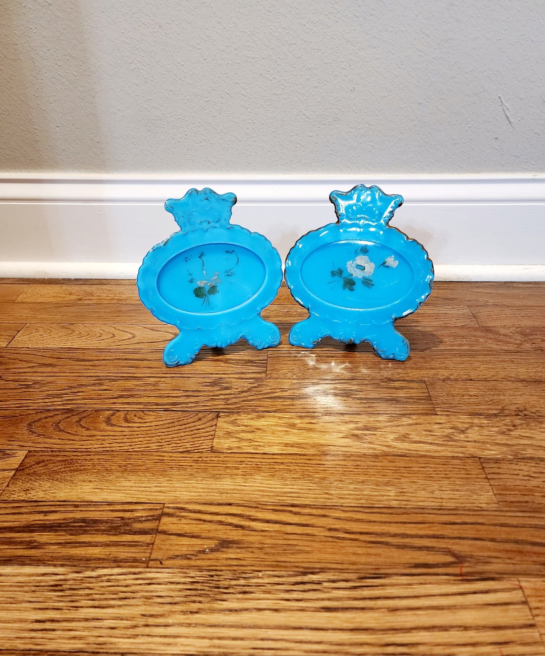 Antique Dithridge Blue Milk Glass Photo Frames Pair, Floral Plaques - Etsy