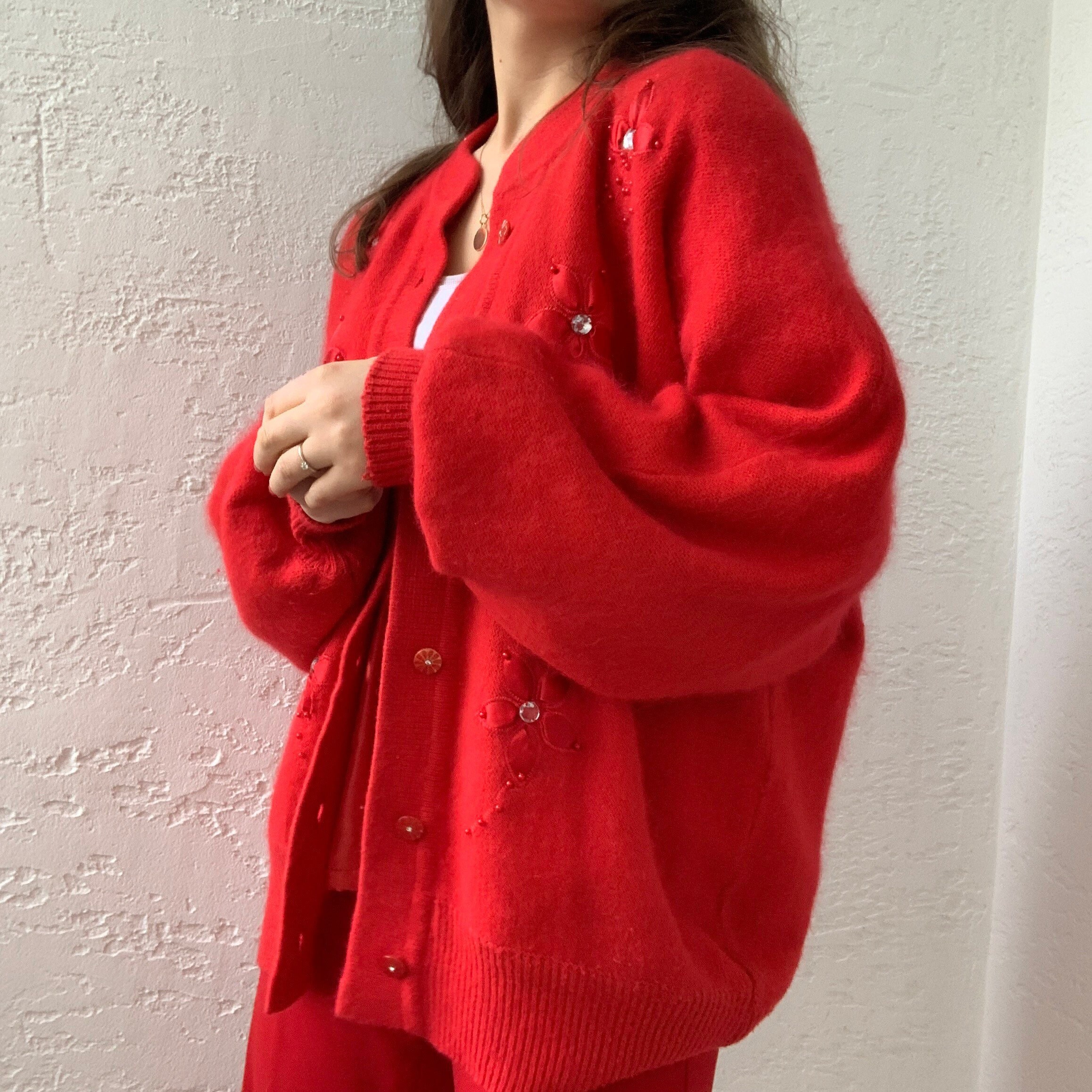 bright red cardigan