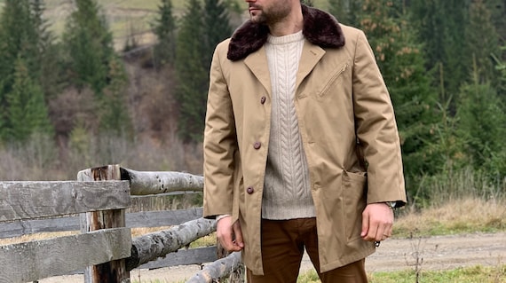 Retro Trench Coat Men With Fur Collar Gem Retro Trench Coat Men, Mens Trench Coat With Fur Collar