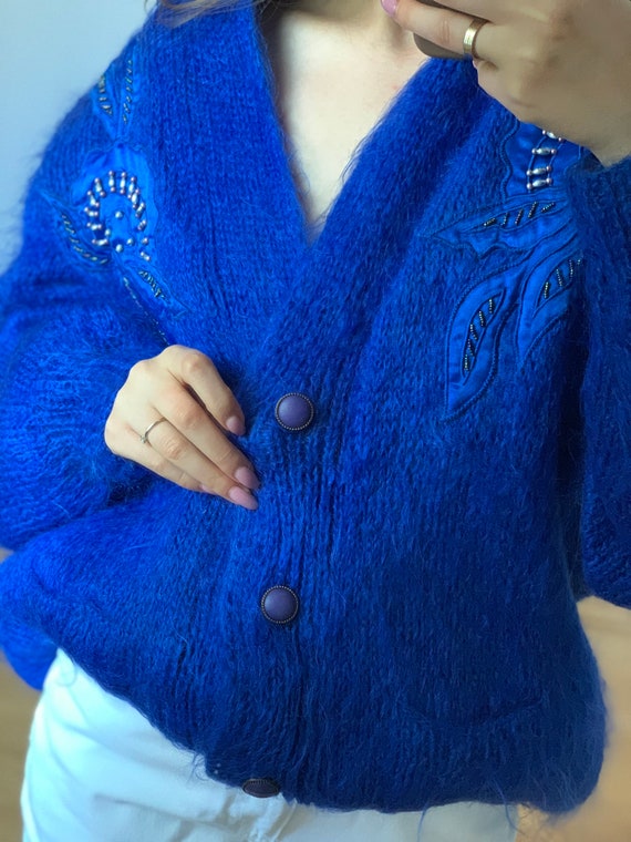 Vintage Hand Made Cardigan, Mohair Cardigan , Blue