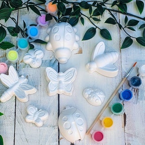 Puede incluir: Un conjunto de figuritas de cer&aacute;mica de mariquita, mariposa, lib&eacute;lula y abeja con botes de pintura y pinceles para pintar.