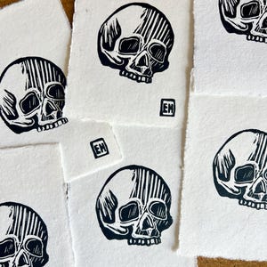 Skull Linocut Print - Handmade Block Print on Handmade Recycled Paper - Printmaking
