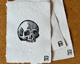 Skull Linocut Print - Handmade Block Print on Handmade Recycled Paper - Printmaking