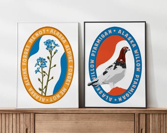 Alaska State Flower, Alpine Forget Me Not, and Bird, Willow Ptarmigan, Art Print, Colorful Nature Illustration