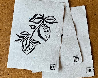 Lemons Linocut Print - Handmade Block Print on Handmade Recycled Paper - Printmaking