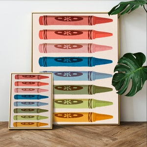 Impresión física con crayones de colores, impresión de pared, póster, decoración de pared, obra de arte ilustrada