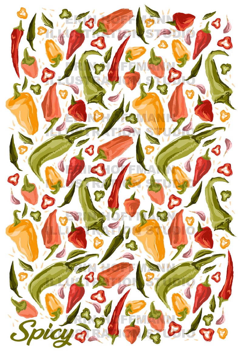 Spicy Pepper Pattern Drawing Poster, Wall Print, Digital Download Print, Wall Decor, Large Printable Art, Downloadable Prints image 4