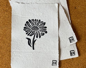 Daisy Linocut Print - Handmade Block Print on Handmade Recycled Paper - Printmaking