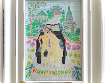 United States Naval Academy Wedding ‘Hitched’ Watercolor Pen Giclee Art Print