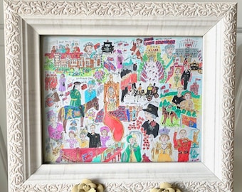 May include: A framed, colorful illustration depicting various scenes and figures, including royalty, soldiers, and historical events. The artwork is encased in a white, ornate frame, adding a decorative touch to the piece. The illustration is a vibrant mix of colors and details.